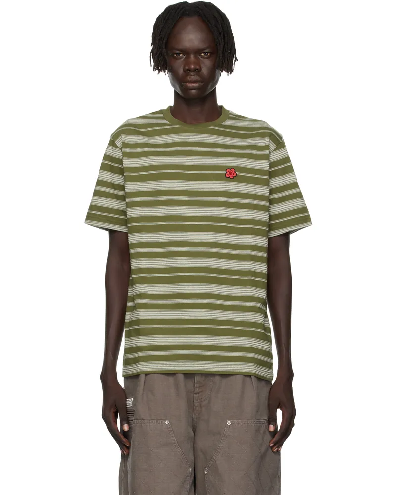 Kenzo Khaki Kenzo Paris 'Boke Flower' Striped Embroidered T-shirt Khaki