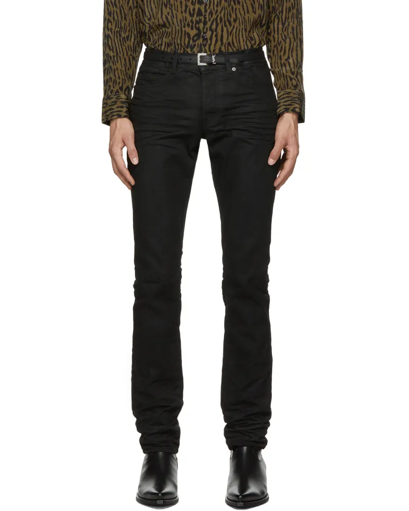 Saint Laurent Black Oily Coated Slim-Fit Jeans Coated