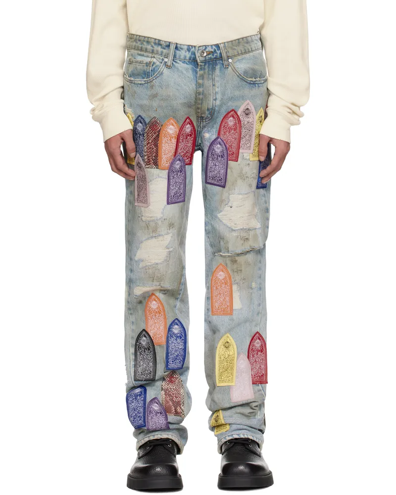 WHO DECIDES WAR Blue Patch Arched Repaired Distressed Jeans Multi
