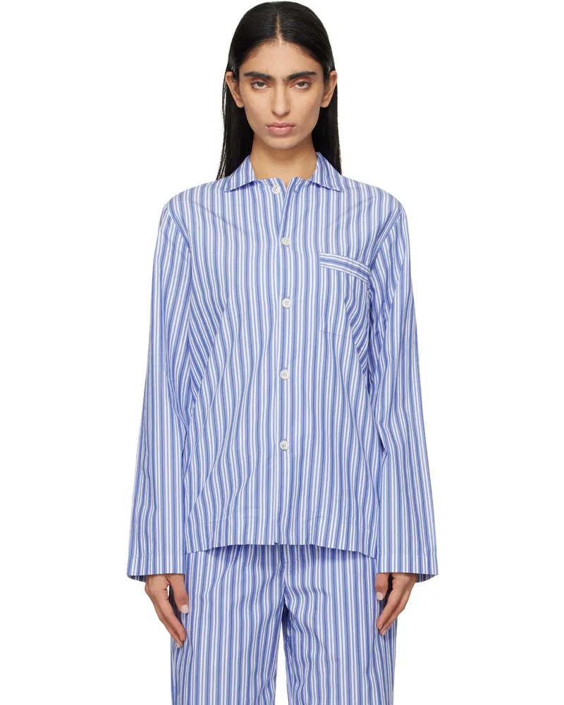 TEKLA White & Blue Poplin Long-Sleeved Pyjama Shirt Penny
