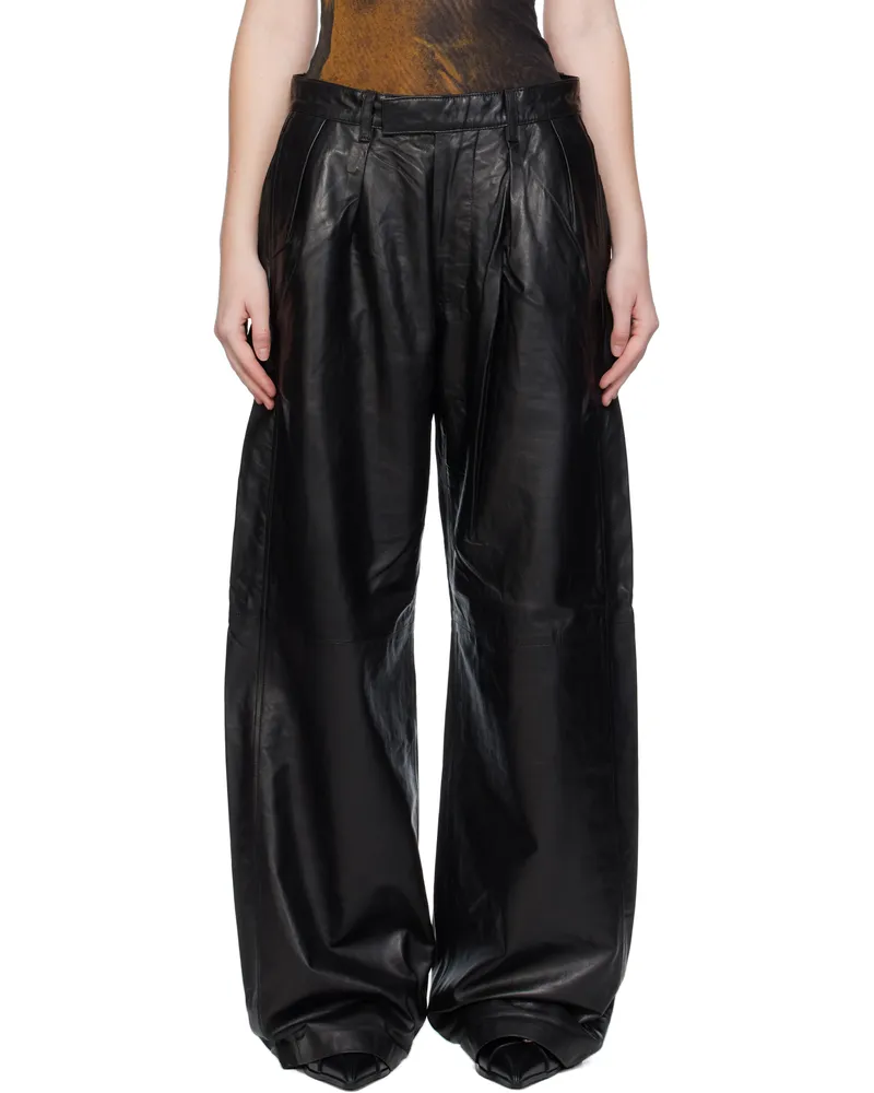 R13 Black Pleated Wide Leg Leather Pants Black