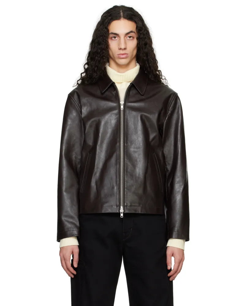Dunst Brown Calf Skin Collared Leather Jacket Brown