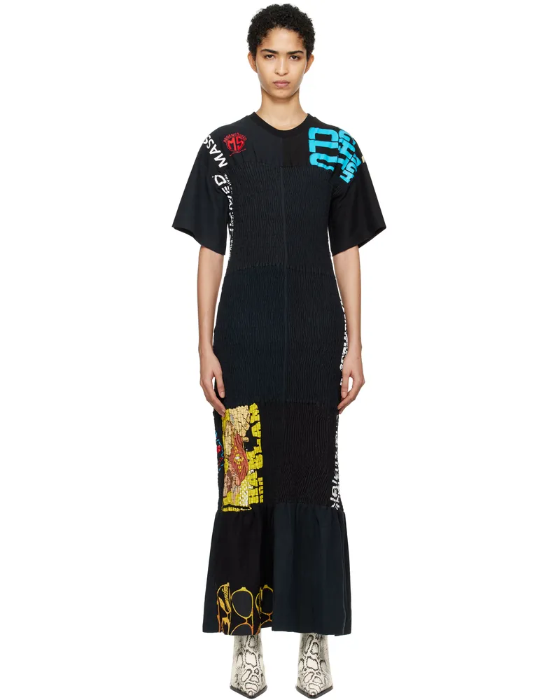 Marine Serre Black Upcycled Shirred Fitted Maxi Dress Bk99