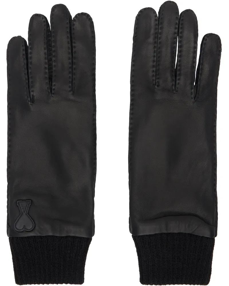 AMI Paris Black Ami de Coeur Leather Patch Gloves Black