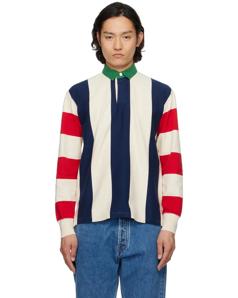 Drake's Drake Off-White & Navy Vertical Block Stripe Cotton Rugby Polo 052