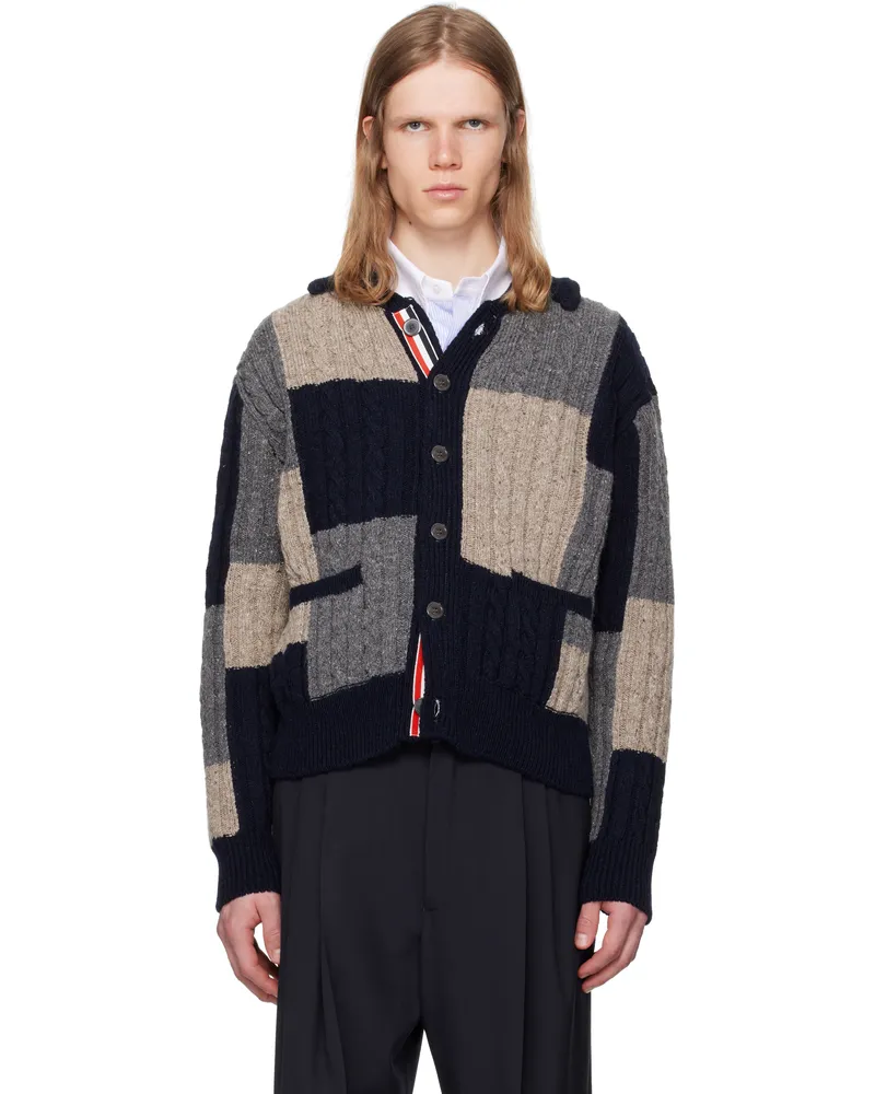 Thom Browne Multicolor Patchwork Baby Cable Intarsia Mock Neck Cardigan 978navy