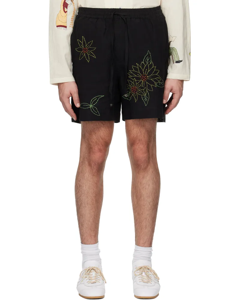 HARAGO Black Sunflower Embroidered Shorts Black