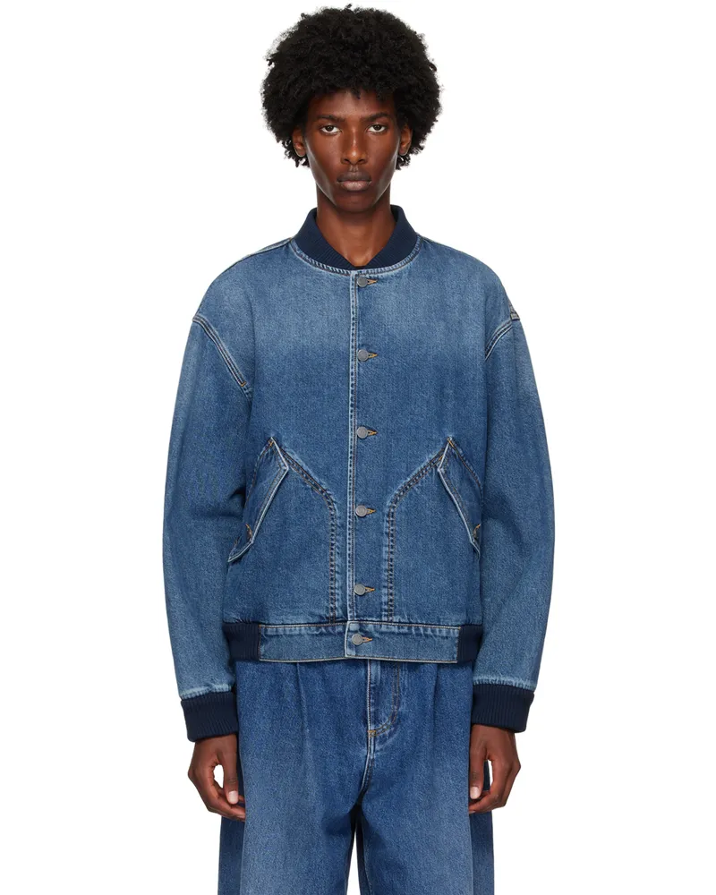 Moschino Blue Barcode Patch Denim Bomber Jacket Blue