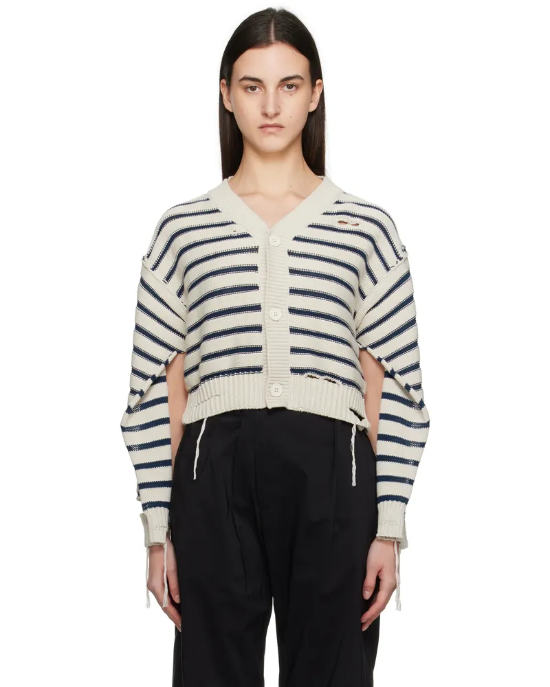 Maison Margiela Off-White & Navy V-Neck Cardigan 962