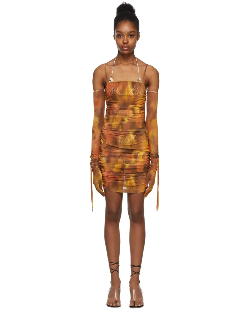 Kim Shui SSENSE Exclusive Orange Gloved Ruched Mini Dress New