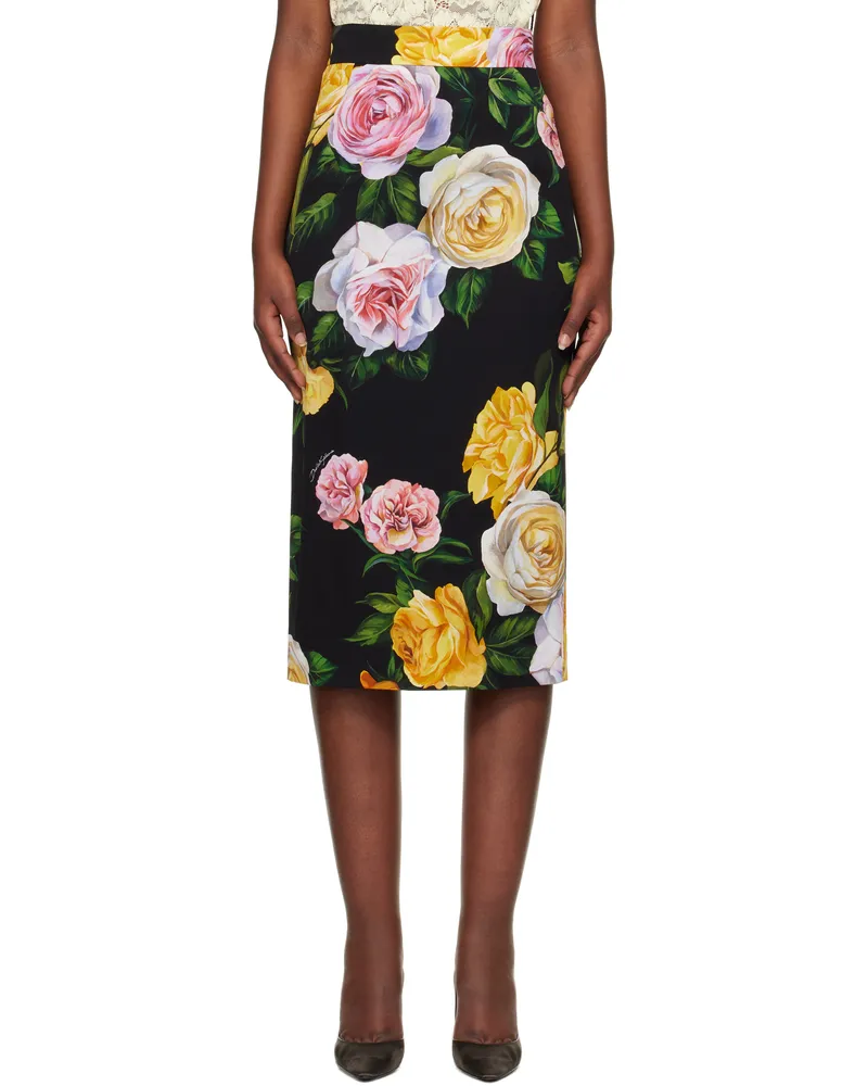 Dolce & Gabbana Black Peony & Rose-Print Midi Skirt Hn5iy