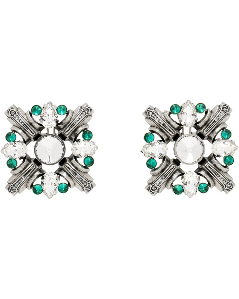 Area Silver & Green Crystal Brooch Earrings Antique