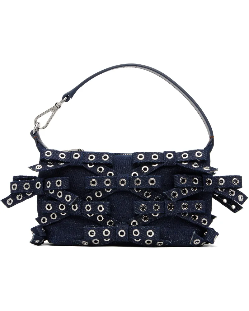 Ganni Navy Denim Small Bow Eyelet Butterfly Pouch Bag 642