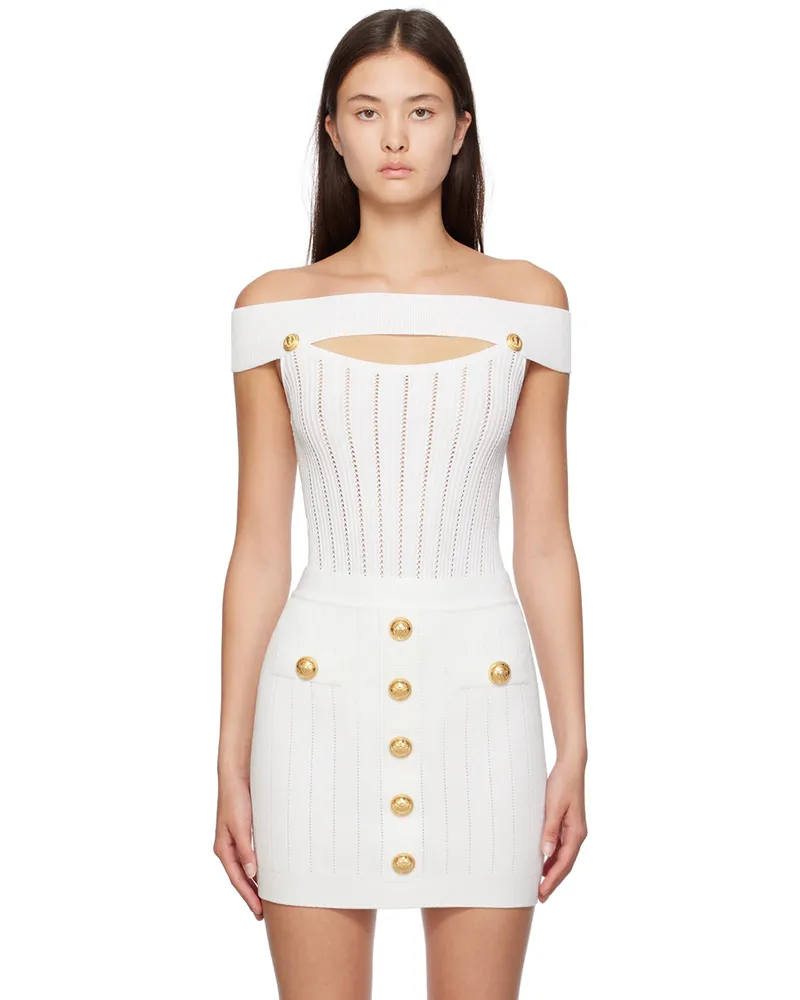 Balmain White Off-The-Shoulder Bodysuit 0fa