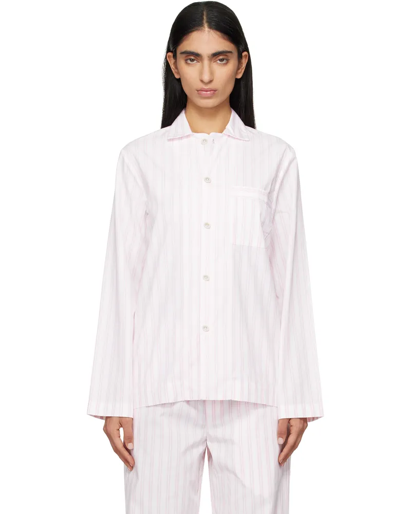 TEKLA White & Pink Poplin Long-Sleeved Pyjama Shirt Hatty