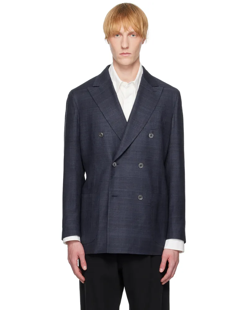 Drake's Navy Tussah Silk Double-Breasted Tailored Blazer 250