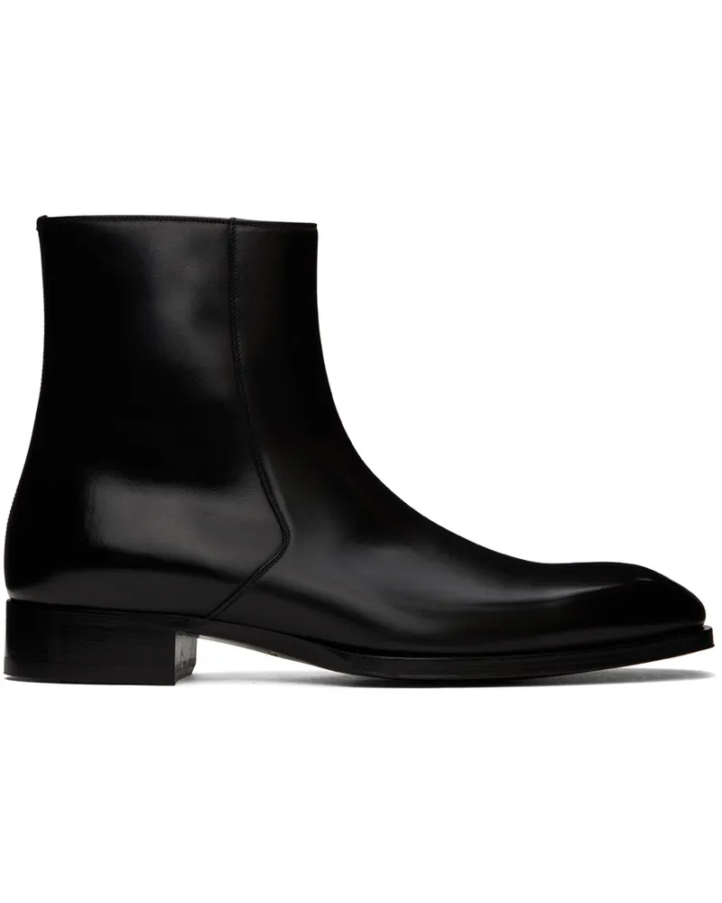 Tom Ford Black Burnished Leather Elkan Boots Black