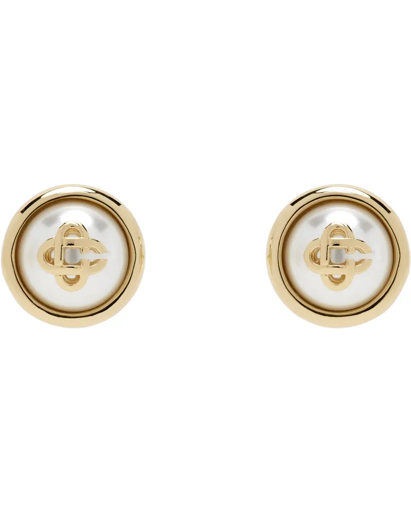 Casablanca Paris Gold & White Faux-Pearl Logo Stud Earrings Gold