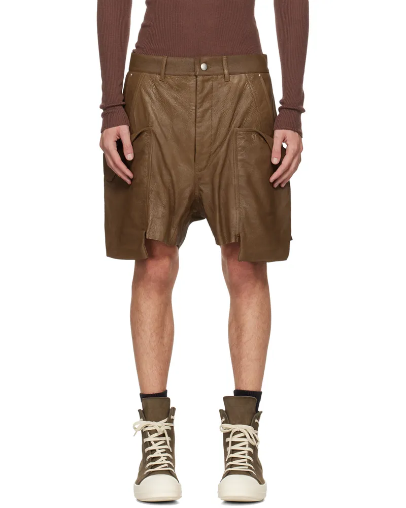 Rick Owens Khaki Porterville Stefan Cargo Leather Shorts 35