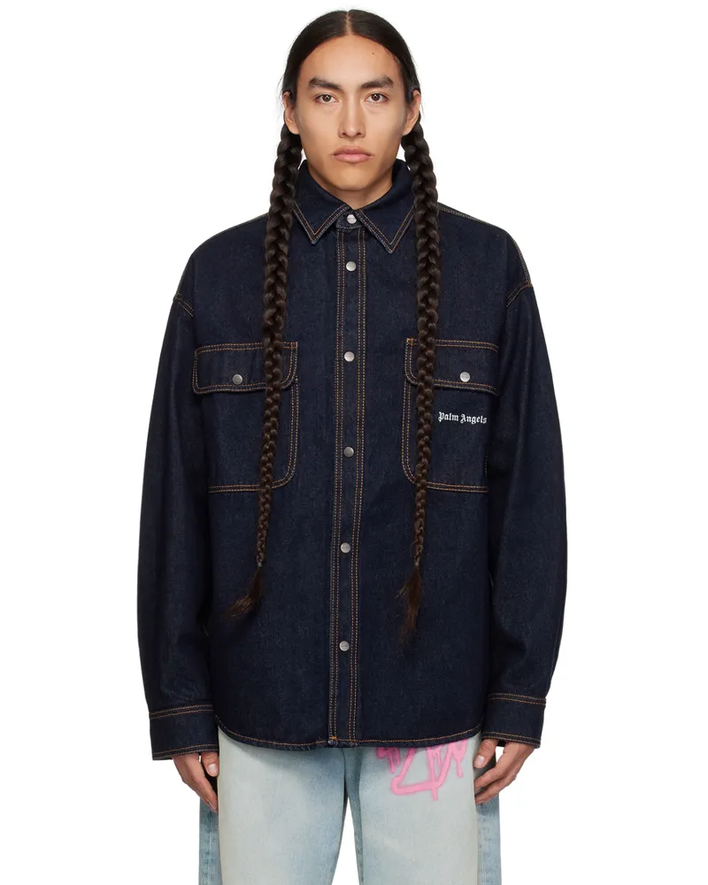 Palm Angels Navy Embroidered Denim Shirt Navy