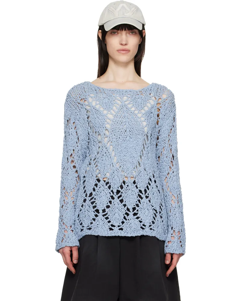 OPEN YY Blue Cotton Argyle Pointelle Pullover Sweater Blue