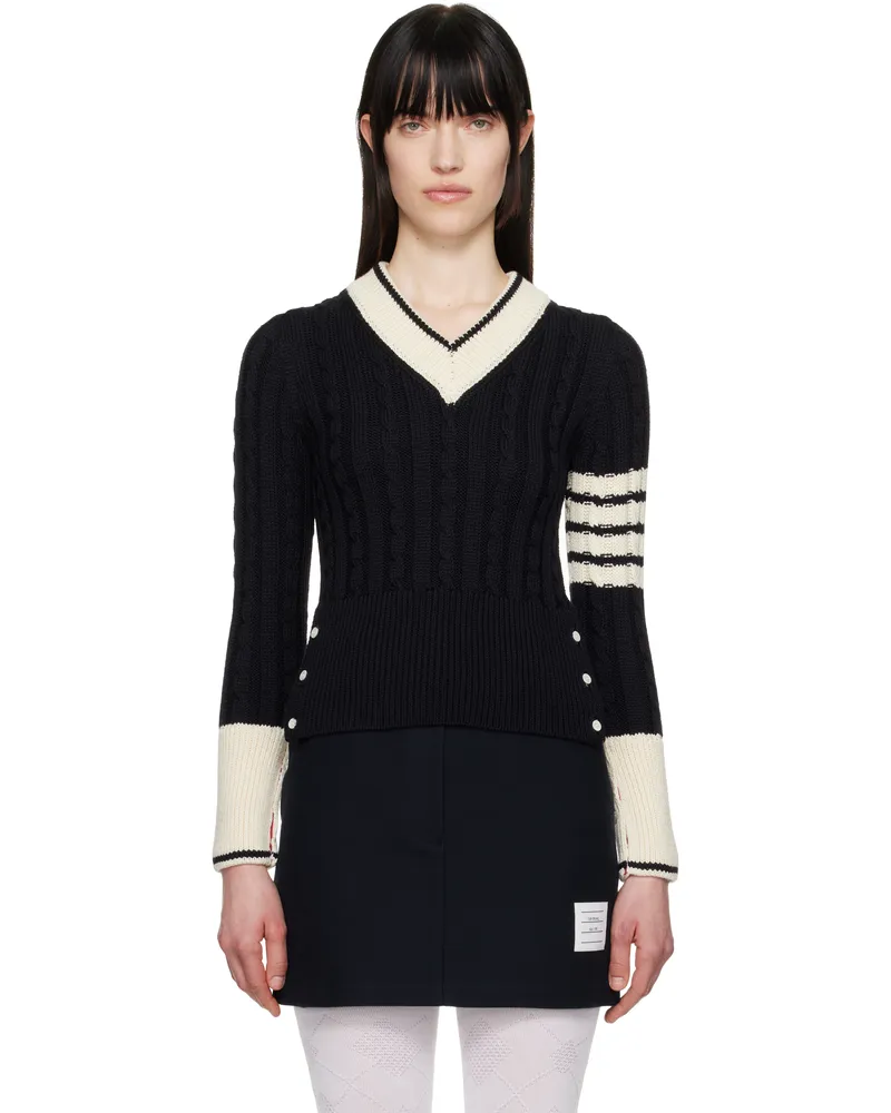 Thom Browne Navy & Off-White Classic Merino Wool V-Neck Sweater 415