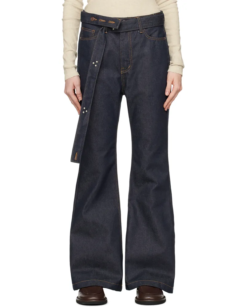 OPEN YY Navy Belted Loose Bootcut Jeans Indigo