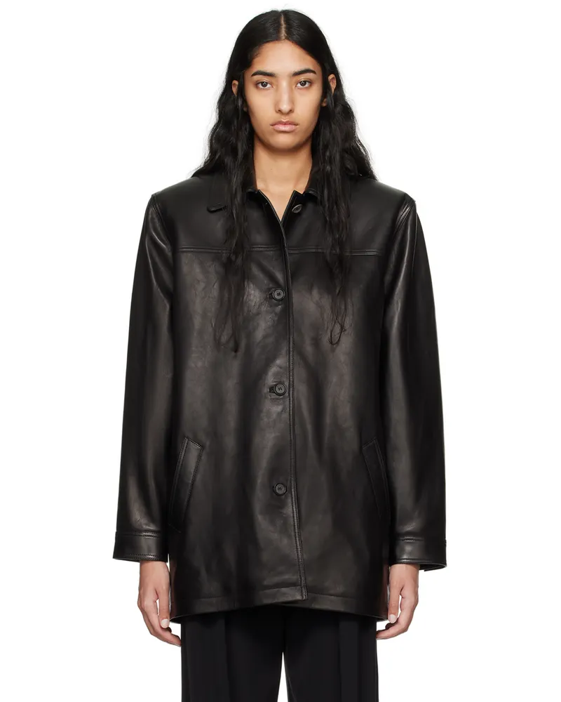Magda Butrym Black Oversized Button Up Leather Jacket Black