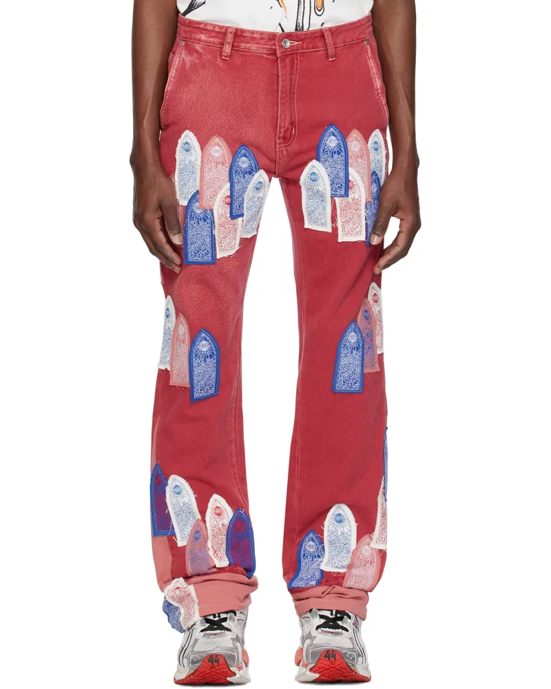 WHO DECIDES WAR Red Patched Arch Carpenter Jeans Crimson
