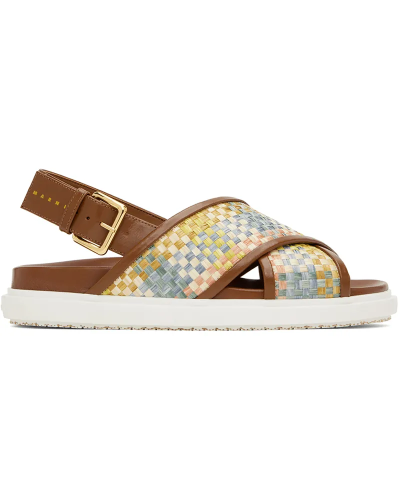 Marni Brown Leather Fussbett Raffia-Effect Sandals Zo754