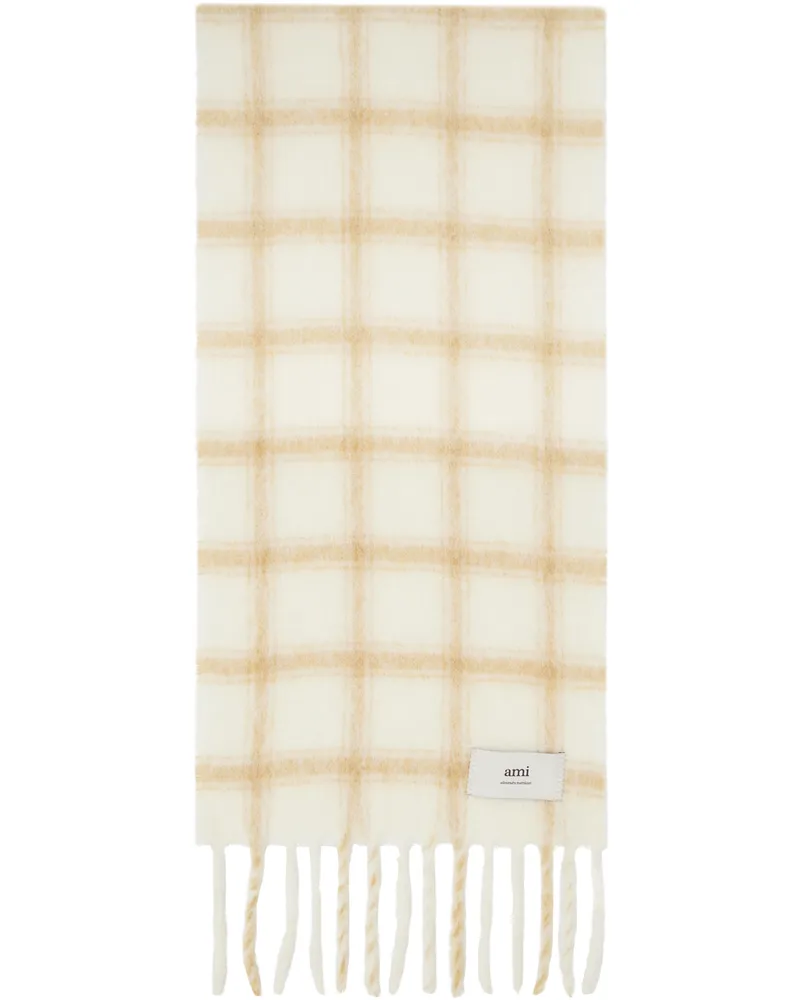 AMI Paris Off-White & Beige Checkered Label Scarf Off
