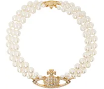 White Three Row Pearl Bas Relief Necklace