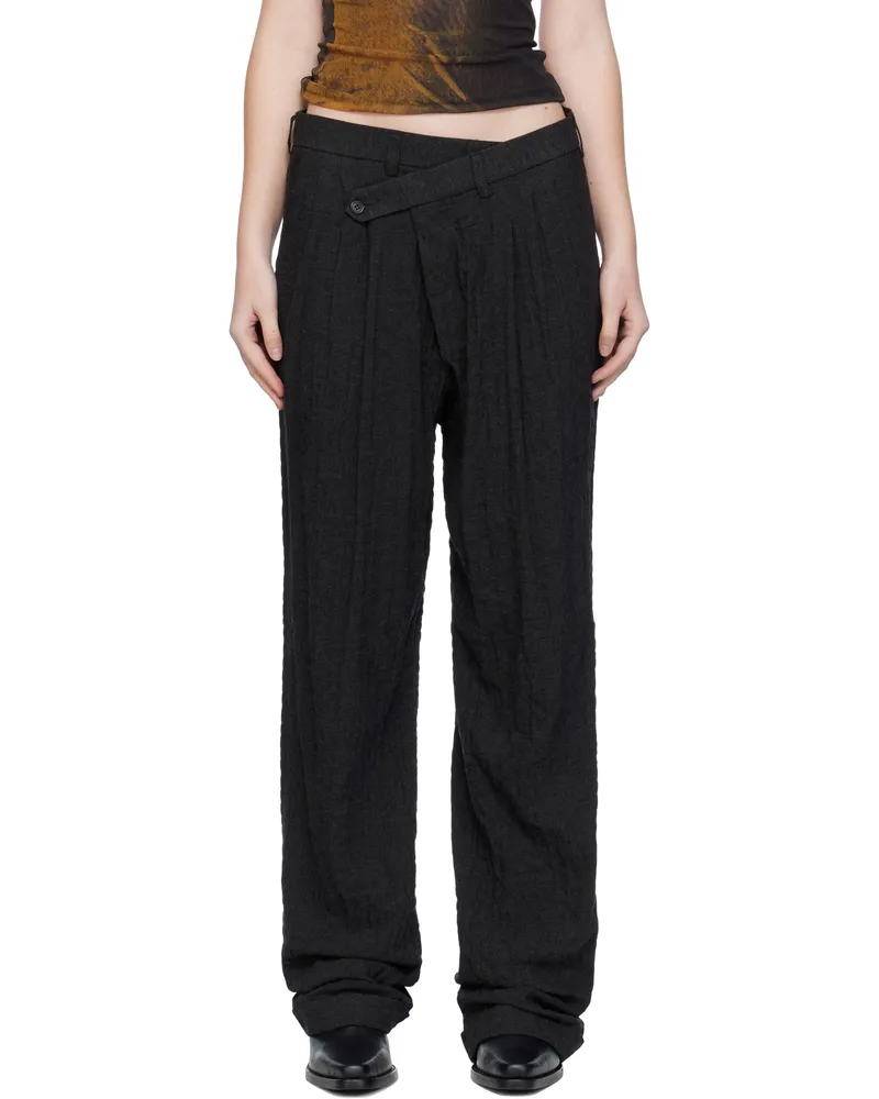 R13 Black Tripe Pleat Crossover Trousers Charcoal