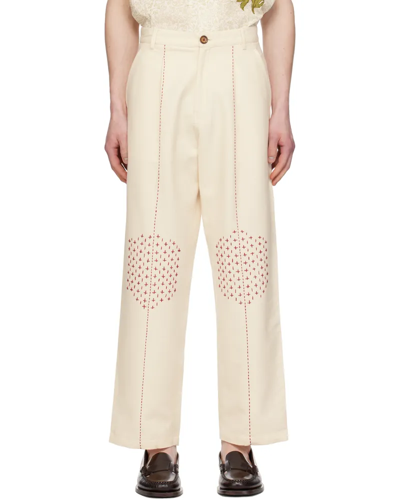 HARAGO Off-White Embroidered Wide Leg Trousers Off