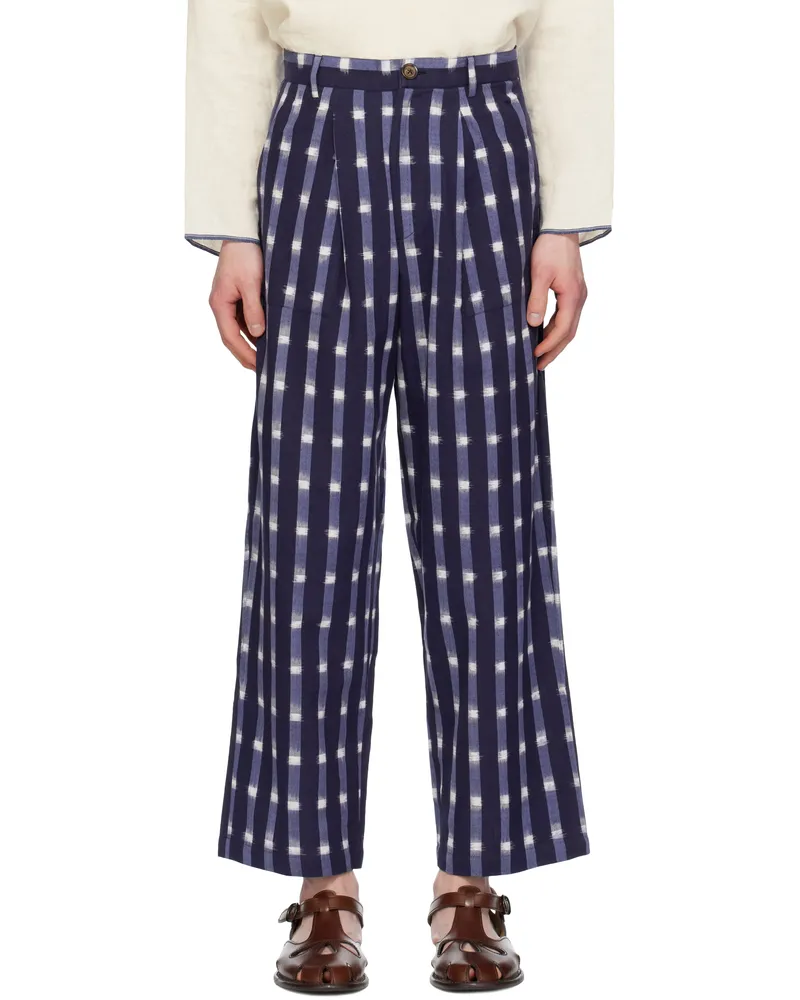 HARAGO Navy Ikat Wide Leg Pleated Trousers Blue