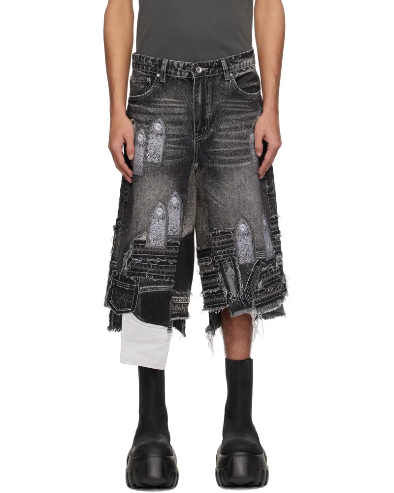 WHO DECIDES WAR Gray Patched Arch Blowout Denim Shorts Vintage