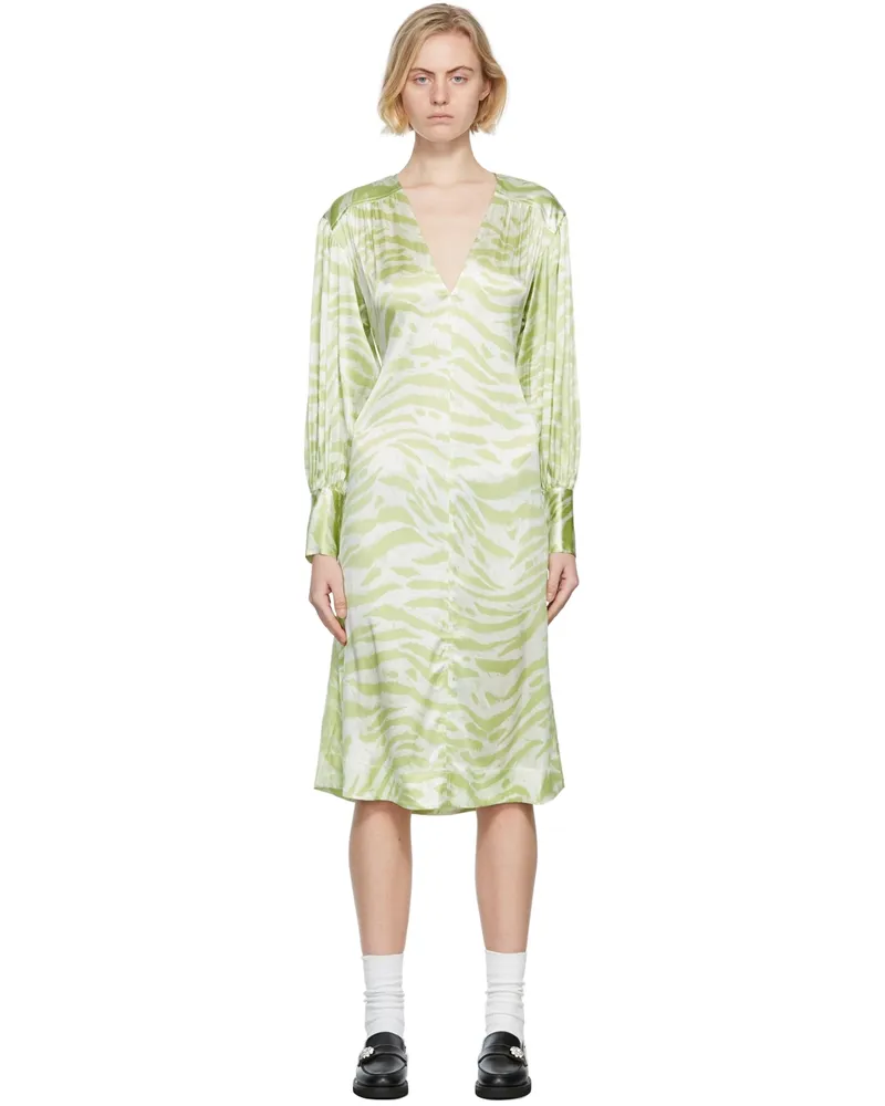Ganni Green Silk Stretch Satin Maxi Dress 880
