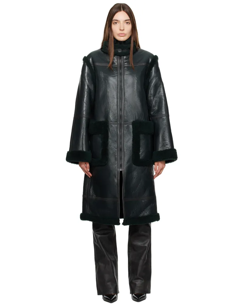 Helmut Lang Khaki Zip Shearling Coat Evergreen