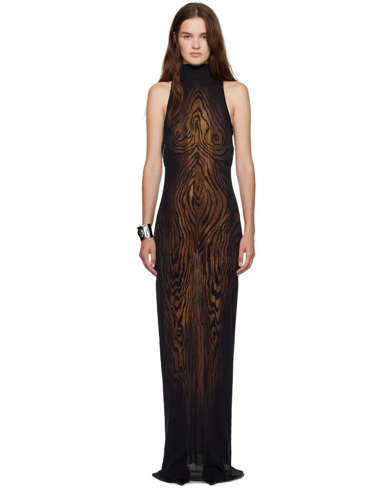 Jean Paul Gaultier Black & Brown 'The Long Draped Wood' Maxi Dress 0060