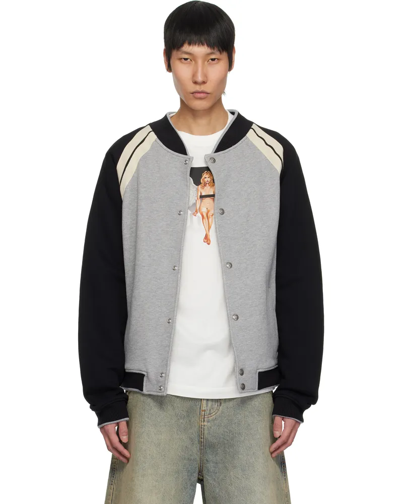 Palm Angels Gray Curved Logo Varsity Bomber Jacket Grey