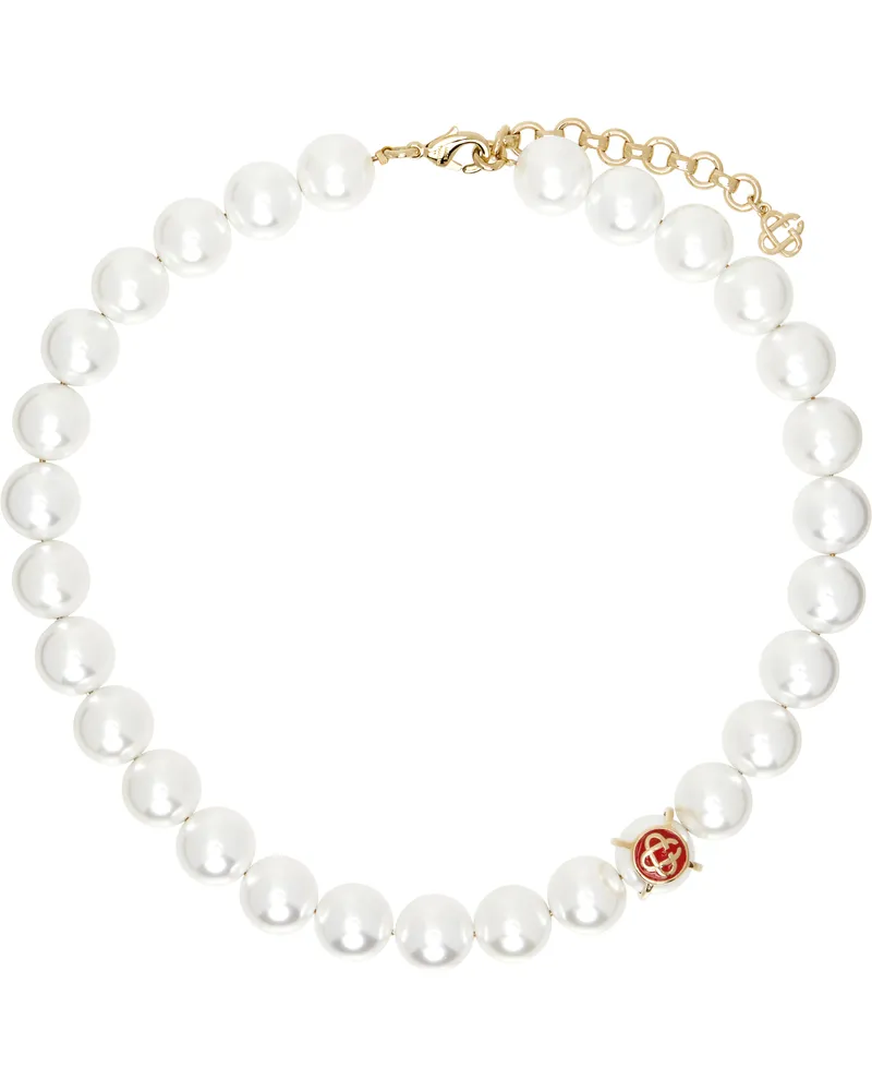 Casablanca Paris Gold & White Logo Faux-Pearl Necklace Gold