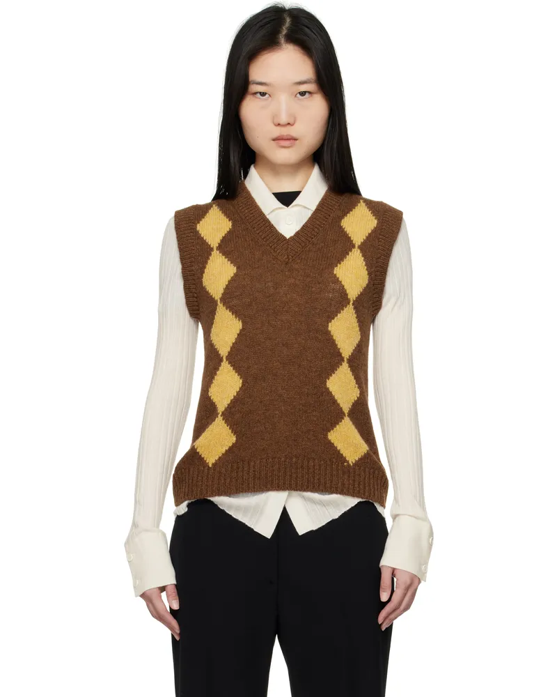 &Daughter Brown & Yellow Shetland Argyle Vest Pecan