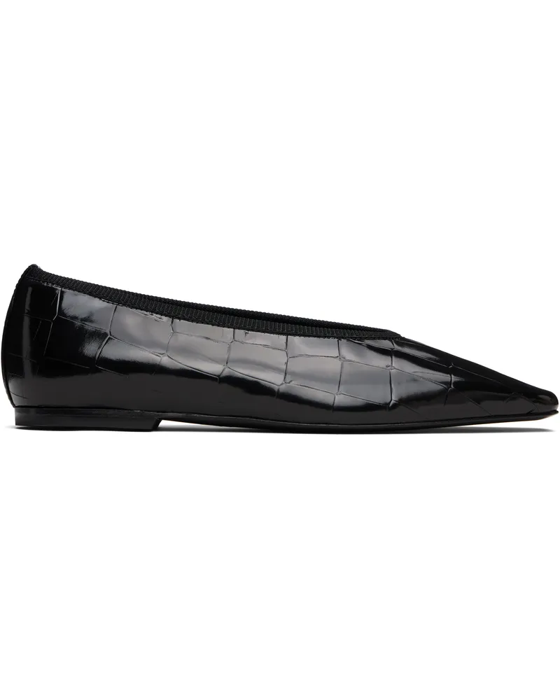 Totême Black Minimalist Croco-Embossed Ballerina Flats Black