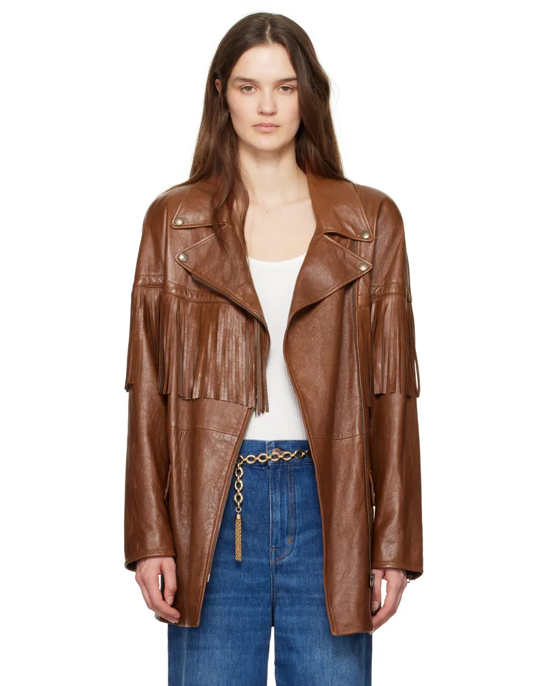 Chloé Brown Belted Fringed Leather Jacket 26m