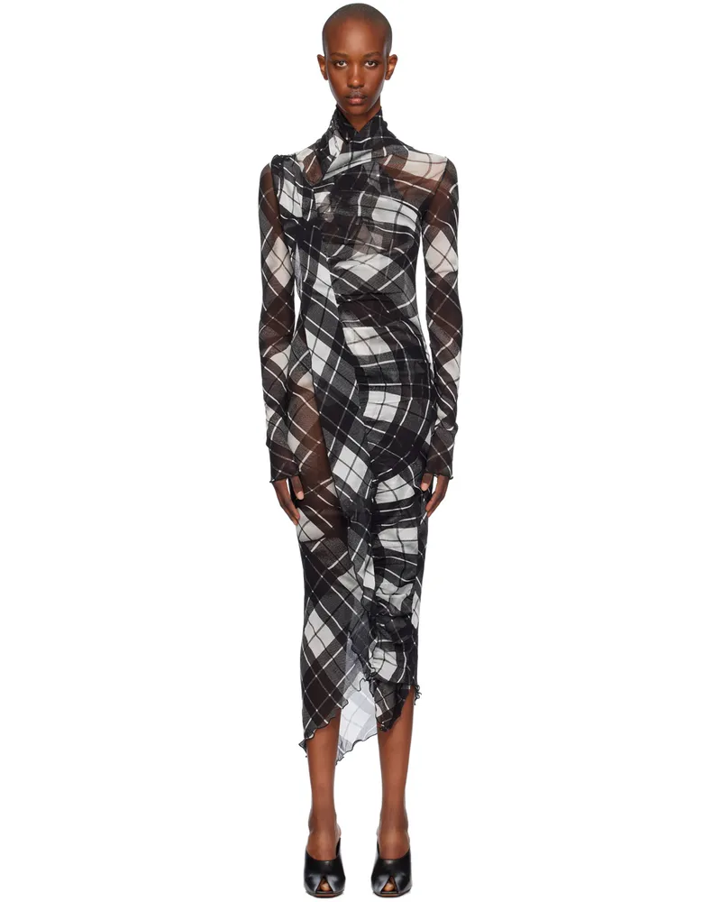 Jean Paul Gaultier Black & White Distorted Tartan Midi Dress 000201-black