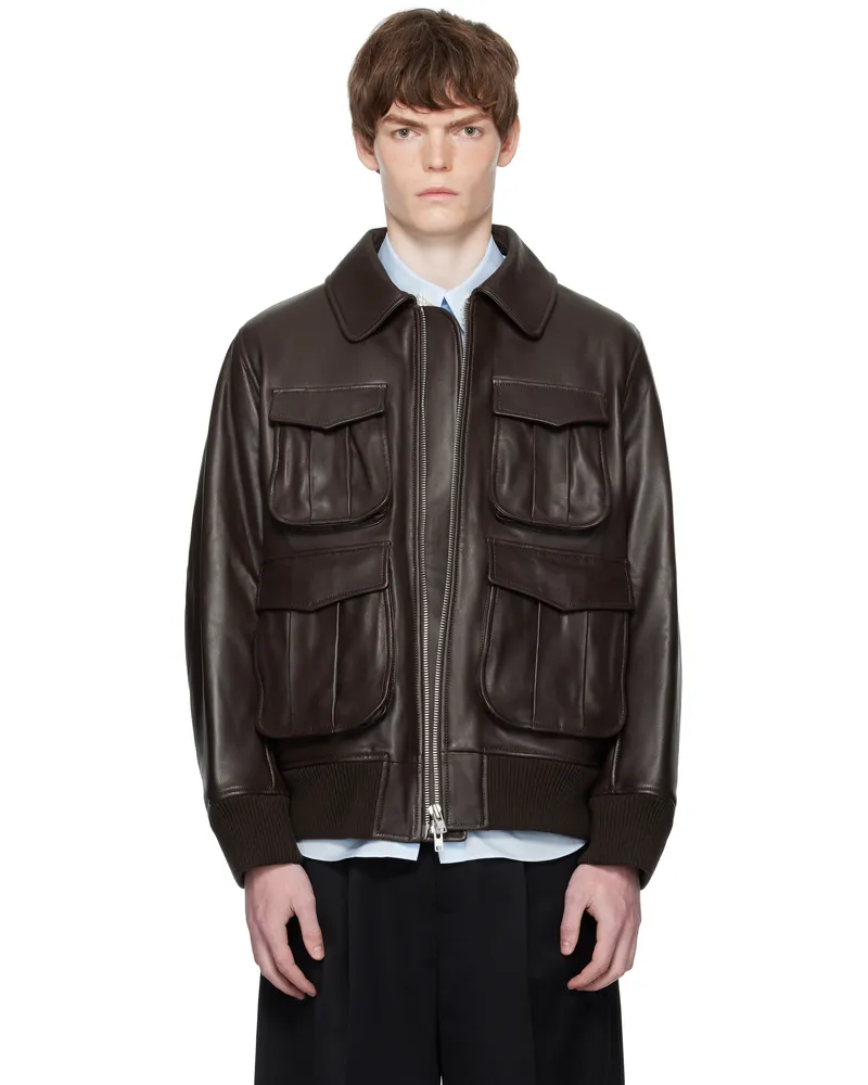 Simone Rocha Brown Oversized Multi Pocket Aviator Leather Jacket Chocolate
