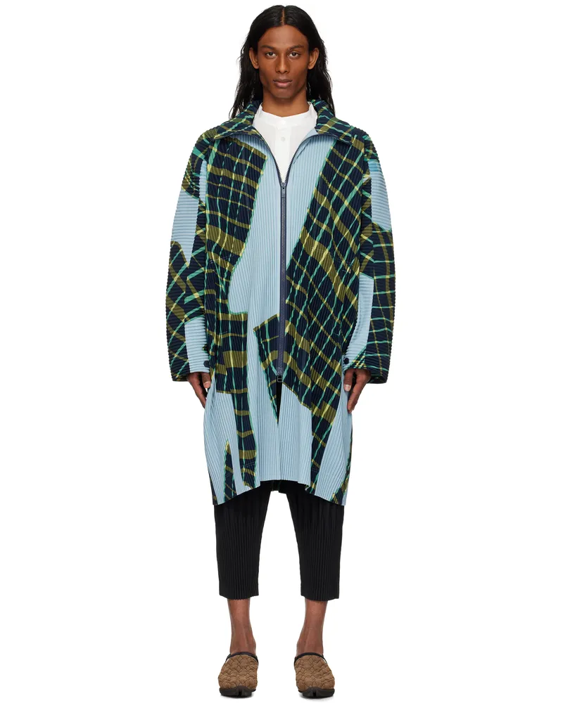 Issey Miyake Blue & Green Windswept Plaid Coat 77-blue