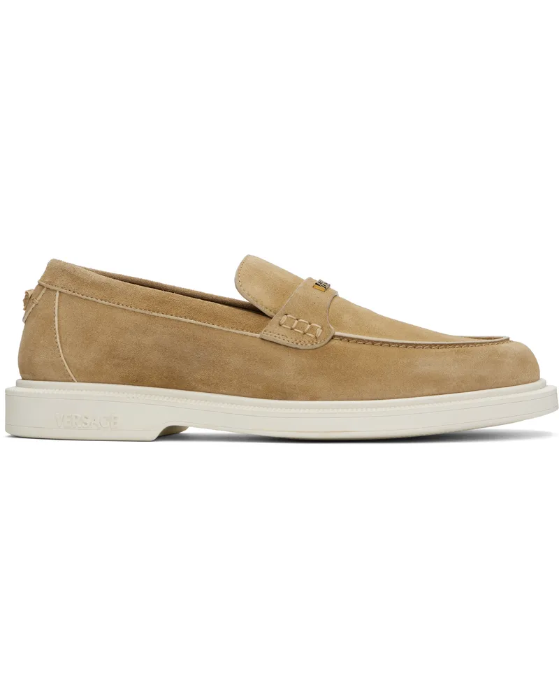 Versace Tan Suede 'Versace' Writing Injection Loafers 1kk00-biscuit-biscui