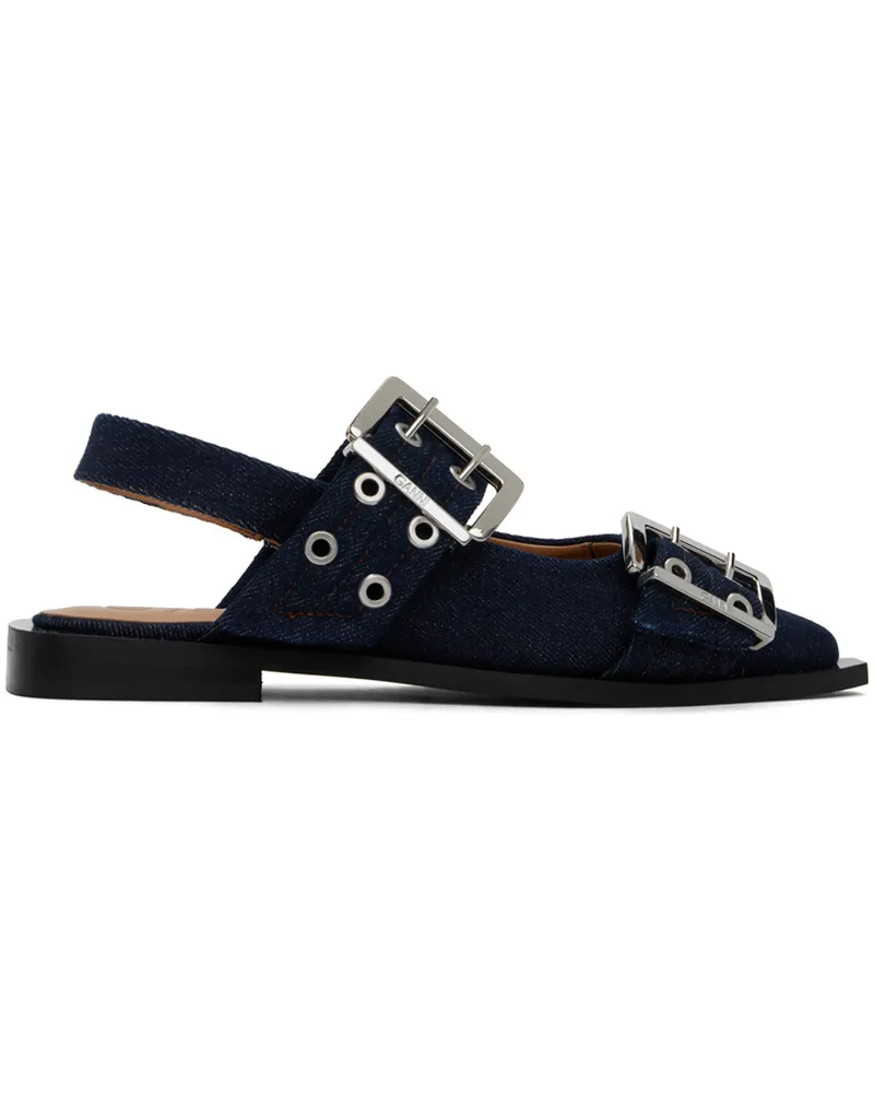 Ganni Navy Denim Buckle Ballerina Flats 642