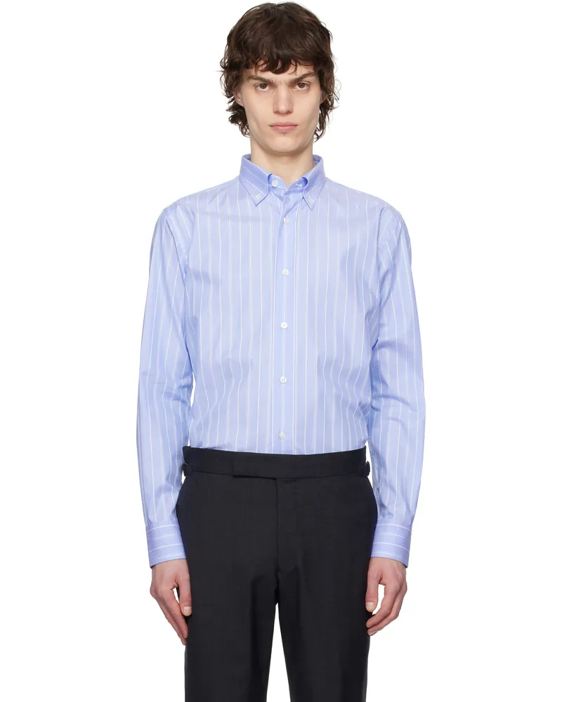 Brioni Blue & White Cotton Textured Stripe Shirt Bluette